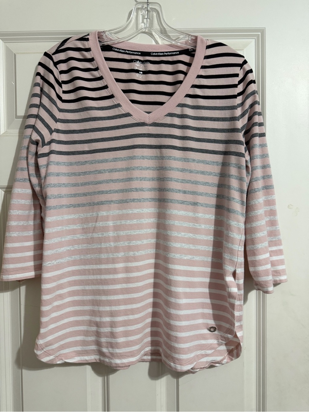 Calvin Klein Performance Pink and Black Striped V-Neck Long Sleeve Top